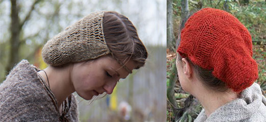 Two reconstructions of the Borum Eshoj sprang hairnet, with differing density of threads.